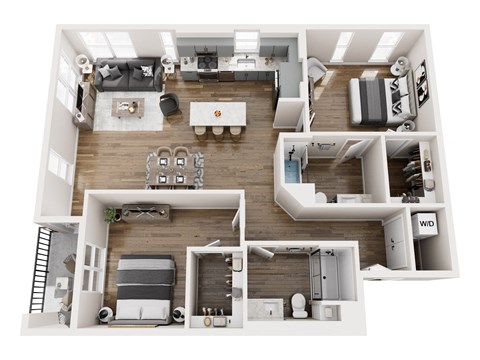 A top-down view of a modern apartment layout.